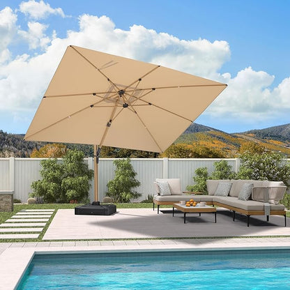 PURPLE LEAF 9' x 12' Rectangle Patio Cantilever Umbrella Large Hanging Umbrella Teak Finished Aluminum Frame Windproof Offset Outdoor Sun Umbrellas for Beach Pool Deck, Beige