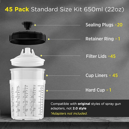 InoKraft Disposable Paint Spray Gun Cup, Paint System for HVLP and LVLP Paint Spray Paint Gun, Standard 22 Ounce (650ml) Kit with 45 Cups and Lids System, 1 Hard Cup with Retainer Ring and 20 Plugs