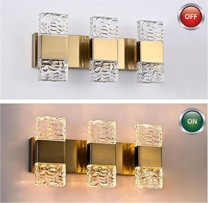 MELUCEE LED Bathroom Vanity Light 24W, 3-Light Modern LED Vanity Light Bar with Crystal Column Brass Bathroom Lights Over Mirror Crystal Wall Sconce Restroom Lighting Fixtures, 3000K Warm Lighting
