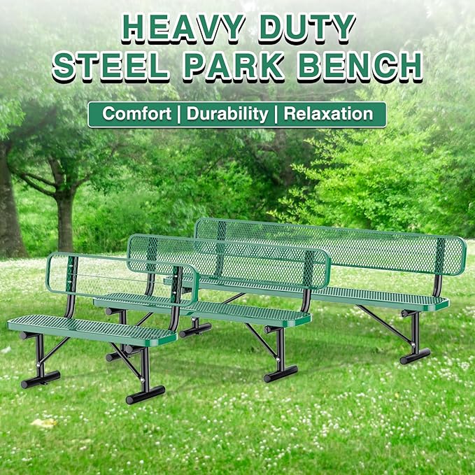 4Ft Outdoor Bench with Back Portable Frame, Outdoor Steel Park Bench with Backrest, Expanded Metal Mesh Bench for Outside, Lawn, Backyard, Park, Deck, Garden, Patio, Porch, Green