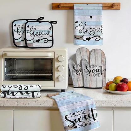 8 Pcs Kitchen Decor Accessories Set Farmhouse Towels Pot Holders Oven Mitts Set 4 Dish Towels 2 Potholders 2 Cooking Mittens Oven Glove for Christmas Baking Cooking Supply(Brown Green,Kitchen)