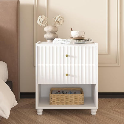 Modern Nightstand, Fluted End Table with 2 Drawers, Nightstand with Open Shelf for Bedroom (1, White)