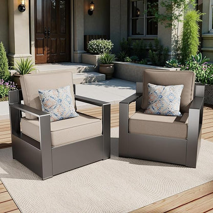 Aluminum Patio Chairs Set of 2, All Weather Use Outdoor Dining Chairs with Rectangular Framed Metal Armrest & 6" Fade-Resistant Cushions & Chair Covers for Deck Balcony Backyard (Beige)