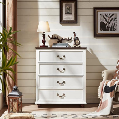 Farmhouse 4 Drawer Dresser for Bedroom, 37" Tall Rustic Chests of Drawers w/ 4 Solid Wood Feet, Mid Century Modern Wooden Closet Storage Dressers Organizer for Living Room, Hallway, White