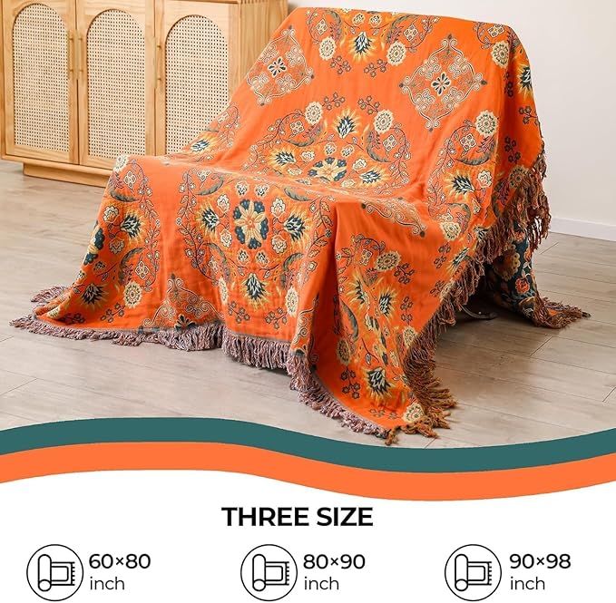 Boho Throw Blanket for Chair, 100% Cotton Woven Rustic Quilt with Tassel 50”x60”, Super Soft Muslin Blanket with Floral, Decorative Reversible Bed Blanket/Sofa Cover for All Seasons- Orange