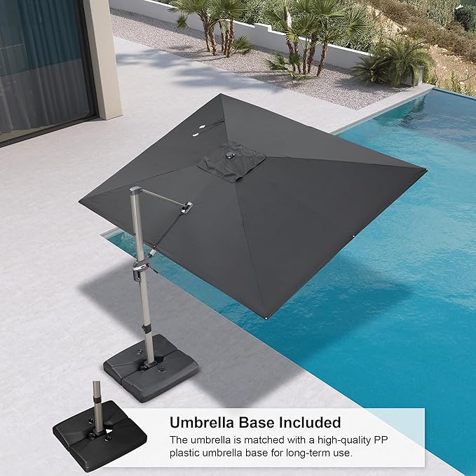 PURPLE LEAF 9' x 11' Patio Umbrella with Base Cantilever Umbrella Rectangular Outdoor Offset Umbrella with Champagne Frame and 360° Rotation for Garden Deck Pool, Black
