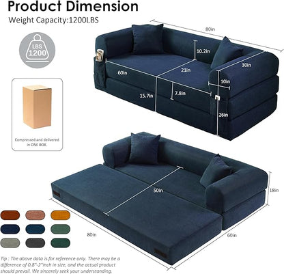 80" Convertible Sofa Bed, 3-in-1 Corduroy Folding Pull Out Couch with Pillows, No Assembly Modern Boneless Couch Compression Sofa in Box, Floor Sofa with Side Storage Pocket for Living Room,Navy Blue