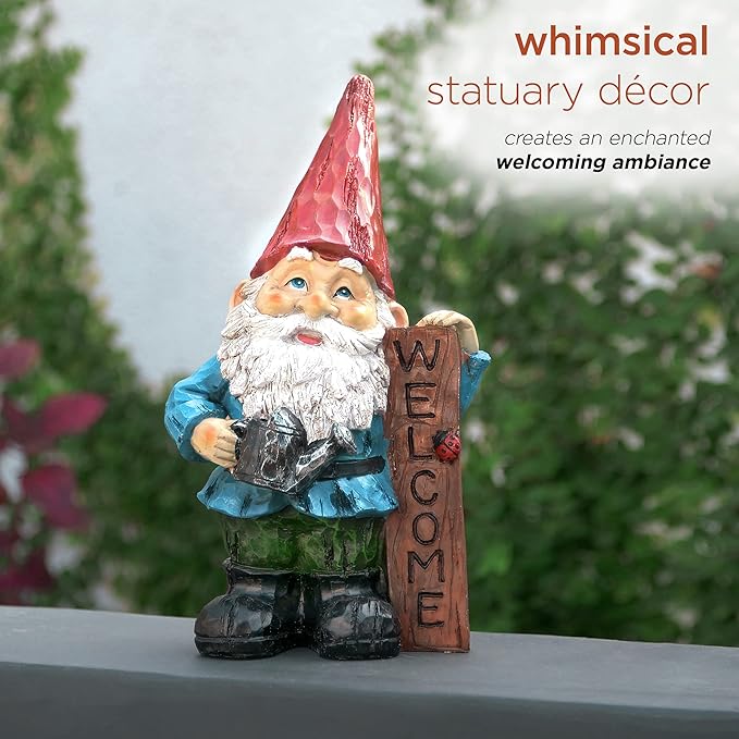 Alpine Corporation 12" Tall Welcome Outdoor Garden Gnome Yard Statue Decoration