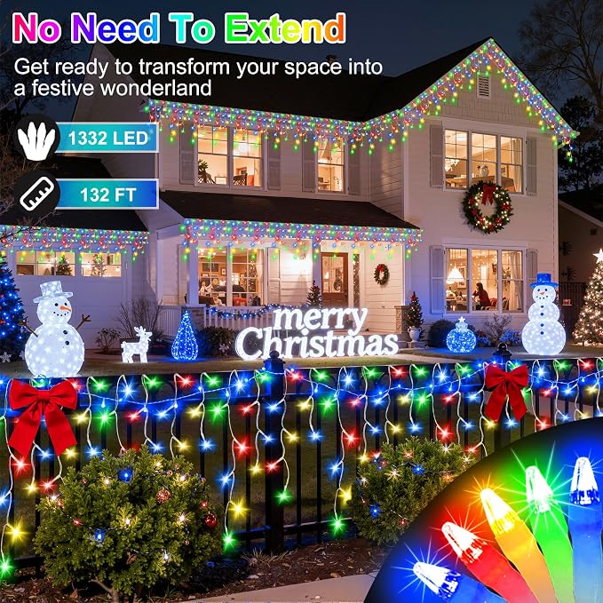 1332 LED 132FT Christmas Lights with 296 Drops, 12 Modes Dimmable Multicolor Outdoor Hanging Lights with Timer Memory, Waterproof Curtain Lights for Home Bedroom Indoor Tree Window Roof Fence Wedding