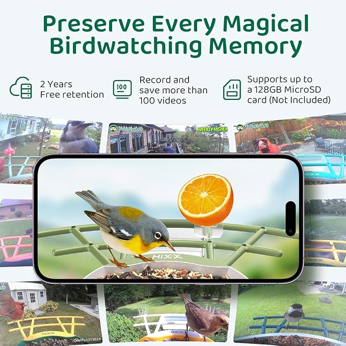 HIXX Smart Bird Feeder with Camera, AI Identify Birds & Auto Capture, 2K HD Live Camera Birdwatching with Color Night Vision for Bird Lovers Gifts (Forest Green)