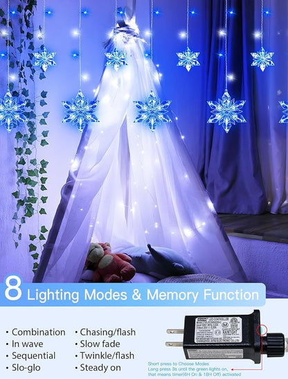 Christmas Snowflake Lights Outdoor,8.2 FT 144 LED Snowflake Icicle Lights with 12 Drops,8 Modes Timer Waterproof Connectable Xmas Light for Eaves,Windows,Curtain,Indoor Outdoor(Blue White)