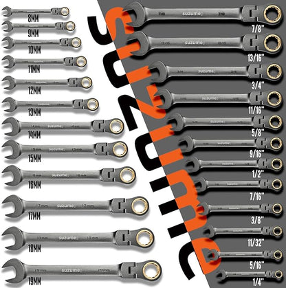 SUZUME 24-Piece Metric and SAE Flex Head Ratcheting Wrench Set 72 Teeth Cr-V Steel Ratcheting Wrench Set with 180° Flex Head Ratchet Wrenches Set For Auto,Machine Repair