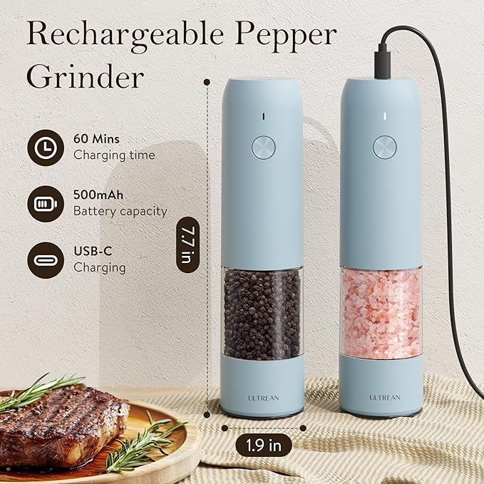 Ultrean Electric Pepper Grinder, Rechargeable Salt and Pepper Grinder with 6 Adjustable Coarseness, LED Light, One-Hand Automatic Operation, Sky Blue