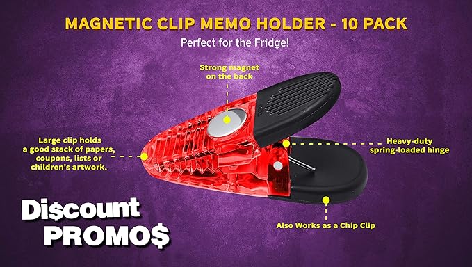 10 Magnetic Memo Holders Set - Customizable Text, Logo - Large Clip, Plastic - TRed