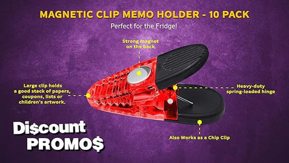 10 Magnetic Memo Holders Set - Customizable Text, Logo - Large Clip, Plastic - TRed