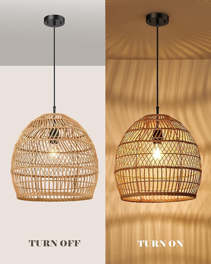ELYONA 16” Large Boho Rattan Chandelier, Modern Rustic Wicker Pendant Light Fixtures, Basket Hand Woven Hanging Lamp for Coastal Kitchen Island Dining Room Living Room Bedroom Foyer (40cm*40cm)