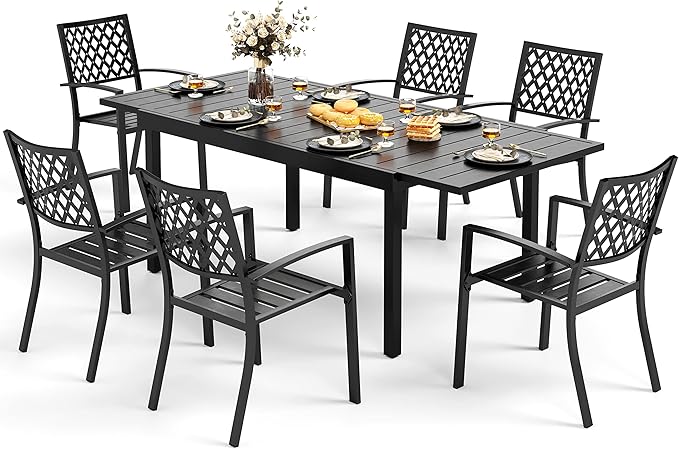 MFSTUDIO Outdoor Dining Set for 6, Expandable Patio Table and Chairs Set, 7 Piece Metal Patio Furniture Set, Patio Dining Set for Deck Backyard Poolside Garden
