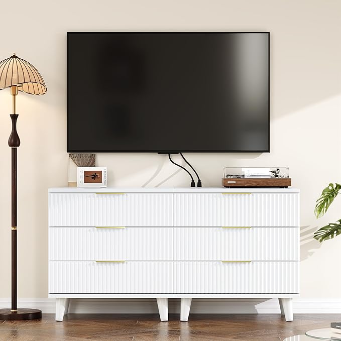 Fluted White Nightstand with USB Charging Station, 3-Drawer Dresser Wood Modern Night Stand Bedside Table with Quiet Drawers & Large Storage End Table for Bedroom