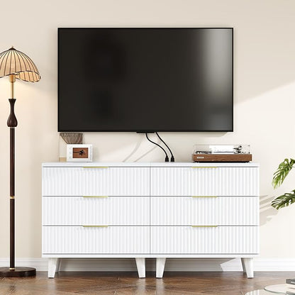 Fluted White Nightstand with USB Charging Station, 3-Drawer Dresser Wood Modern Night Stand Bedside Table with Quiet Drawers & Large Storage End Table for Bedroom