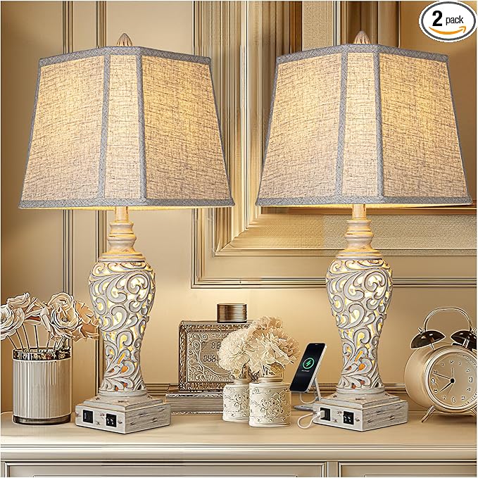 28.5" Table Lamps Set of 2 - Bedside Lamp with Fabric Shades - for Bedroom and Living Room with USB and Nightlight - Perfect for Nightstands and Bedrooms