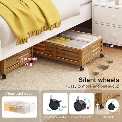 Under Bed Storage with Wheels-Large Bamboo Underbed storage Containers with Large Dust Bag Stackable Under the Bed Shoe Storage Bins for Clothes Books Bedding (2 Packs walnut, 23.62"L×16.54"W× 6.51"H)