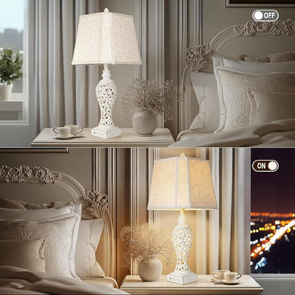 Vintage Table Lamps Set of 2, 28.5'' High Bedside Lamps with Fabric Shade, Farmhouse Nightstand Lamps with USB A+C Ports and Nightlight - Perfect for Living Room Bedroom Office Study (Bulb Included)