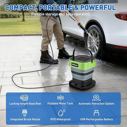 Cordless Electric Sprayer, Portable Water Sprayer with 3.2 gal Water Tank, Auto-Rewind Hose Reel, Portable Cordless Pressure Washer for Cars, Bikes, Garden, Camping(3 Nozzles)
