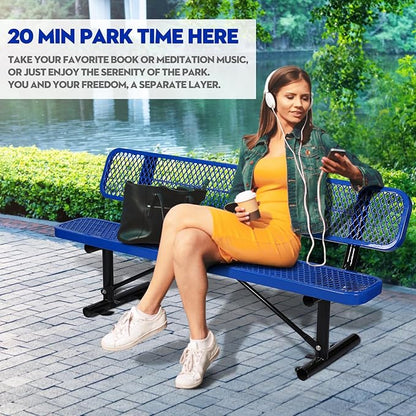 Heavy Duty Park Bench with Back Portable Frame, Outdoor Metal Park Bench with Backrest, Steel Mesh Outdoor Bench for Garden, Lawn, Patio, Porch, Park, Yard (Blue, 72.4" L x 23.2" W x 32.5" H)