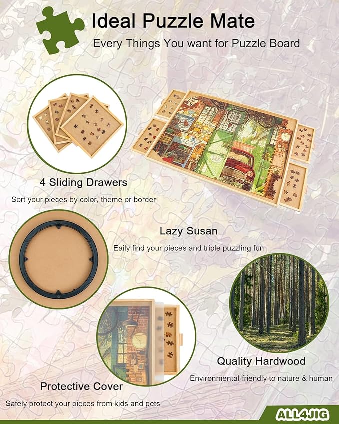 ALL4JIG 1000 Piece Rotating Puzzle Board with Drawers 22"x30"Portable Wooden Jigsaw Puzzle Table for Adults Portable,Lazy Susan Spinning Puzzle Boards Birthday Gift for mom