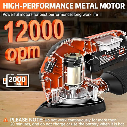 THINKWORK Cordless Detail Sander - 20V/2.0 Ah Battery Sander, 12000 RPM Electric Palm Sander with Dust Collection System for Sanding Tight Spaces on Wood Surfaces, Included 21 Sandpapers