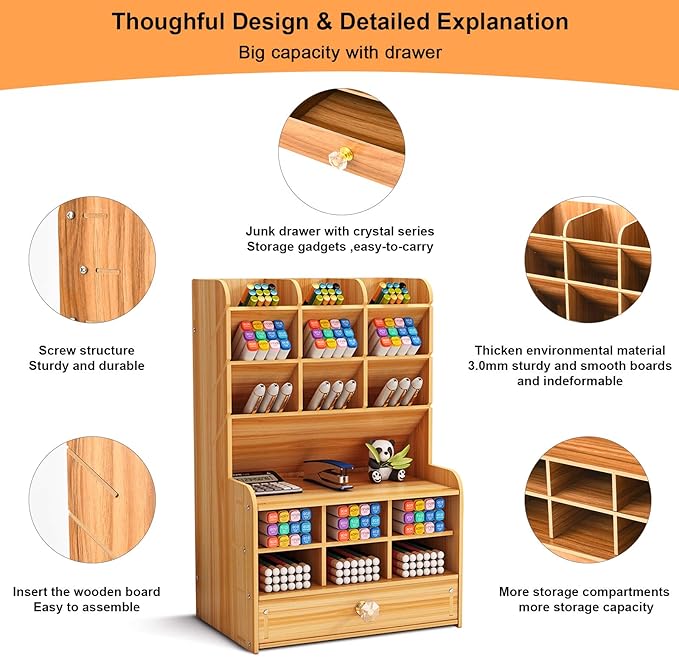 Marbrasse Wooden Desk Stationary Organizer, Multi-Functional Pen Holder, Storage Rack for School Home Office Art Supplie (B16-Cherry Color)