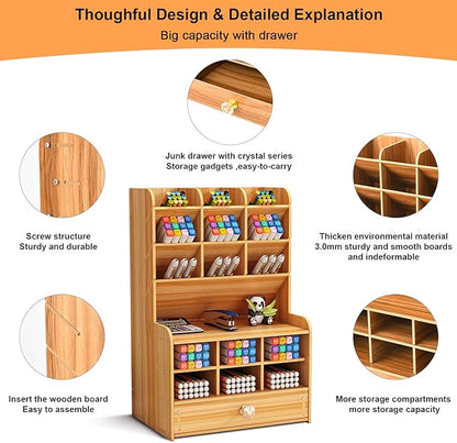 Marbrasse Wooden Desk Stationary Organizer, Multi-Functional Pen Holder, Storage Rack for School Home Office Art Supplie (B16-Cherry Color)