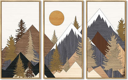 KUVIOKE Mountains Framed Wall Art Sun Range Landscape Wall Decor Farmhouse Bedroom Living Room Ready to Hang 8x16in3pcs Natural Framed