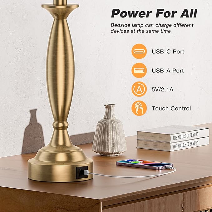 White Gold Lamps for Bedrooms Set of 2 - Touch Control Bedside Lamp with USB C+A, 3 Way Dimmable Nightstand Lamps with USB Port, Table Lamp for Living Room(White Shade and Gold Base)