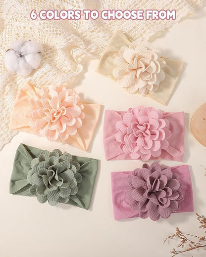 jollybows 6pcs Baby Girls Flower Hair Headbands Nylon Hair Bands Elastic Hair Accessories for Newborn Kids Infants Toddlers Light Color