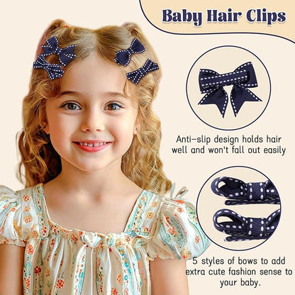YHXX YLEN Hair Bows for Girls 10 PCS Fully Lined Navy Blue Hair Clips Tiny 2" Grosgrain Stitch Edge Alligator Clips for Baby Girls Infants Toddlers in Pairs
