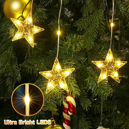 Christmas Window Lights, 76LED 9 Stars IP65 Battery Operated Star Curtain Lights 11 Modes with Timer, Xmas Decoration for Bedroom Wall Indoor Home Deco, Warm White & Multicolor