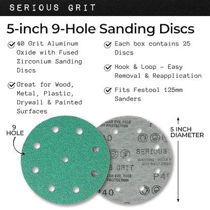 Serious Grit - 5-Inch 9-Hole 40 Grit Sanding Discs - Heavy-Duty Hook & Loop Film Discs - Sandpaper for Random Orbital Sanders - 25 Pack Box