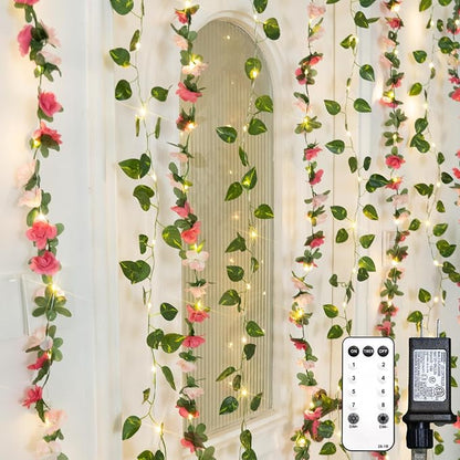suddus 300 LED Artificial Flower Garland Pothos Vines Curtain Lights, Rose Vines Fairy Lights for Bedroom, Hanging String Lights for Wall, Room, Dorm, Wedding, Party, Indoor Decor 6.8ft x 6.5ft