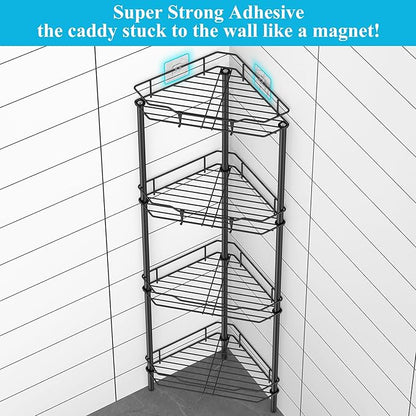 HuggieGems 4 Tier Floor Standing Corner Shower Caddy Organizer Shelf with Hooks, Bathroom Shelves Stand Rack, Matt Black