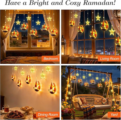 Lewondr Ramadan Curtain String Lights, 138 LED Moon Star Fairy Lights with 6H Timer, 8 Modes, Remote Control, USB Powered Curtain String Light, Eid Mubarak Decorations for Ramadan Home Decorations