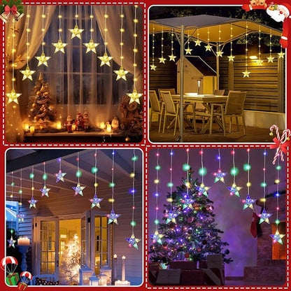 Christmas Window Lights, 76LED 9 Stars IP65 Battery Operated Star Curtain Lights 11 Modes with Timer, Xmas Decoration for Bedroom Wall Indoor Home Deco, Warm White & Multicolor