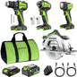 GREENWORKS 24V (4-TOOL) Combo (1/2” Drill + 1/4” Impact Driver + 6.5” Circular Saw + 200Lm Flashlight), 4.0Ah + 2.0Ah Batteries (24,000mAh Power Bank), (2) Braided Cables, 65W Rapid Charger