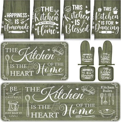 10 Pcs Farmhouse Kitchen Decor and Accessories Set 4 Kitchen Towels 2 Pot Holders 2 Oven Mitts 2 Rugs for Cooking Baking Mom Housewarming Gifts(Sage Green,Classic Style)