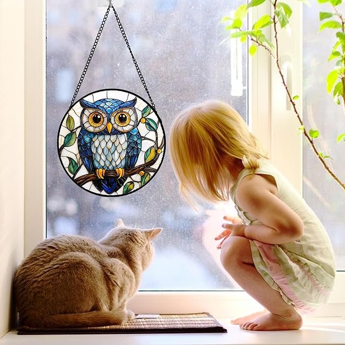 Stained Glass Window Hanging, Owl Gifts for Women Sun Catchers Diamond Glass Panel Hangings Birds Suncatcher Decor for Birthday for Women, Men, Wife, Aunt,and Mom 7.8X7.8IN