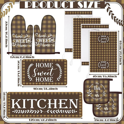 Fourluoo 10 Pcs Kitchen Set Kitchen Towels and Rugs Oven Mitts and Pot Holders Farmhouse Decor for Women Mom Gift Cooking Baking Grilling (Brown White)
