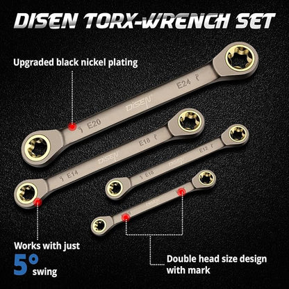 DISEN 2025 Upgraded 4-Piece E-Torx Double Box Ratcheting Wrench Set, 72-Tooth Black Nickel Plated, Dual Head E6E8/E10E12/E14E18/E20E24 with Storage Pouch
