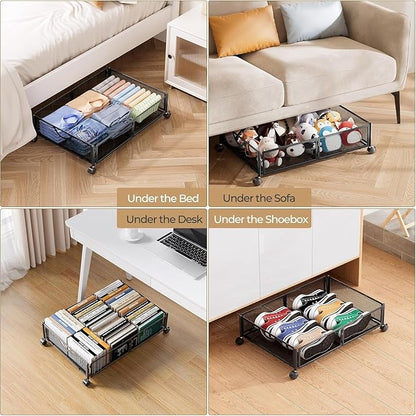 Yecaye Under Bed Storage with Wheels, 2 Pack Under Bed Shoe Storage Organizer Drawer, Tool-free Assembly Metal Underbed Storage Containers for Clothes, Shoes, Black