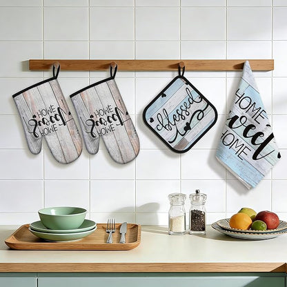 8 Pcs Kitchen Decor Accessories Set Farmhouse Towels Pot Holders Oven Mitts Set 4 Dish Towels 2 Potholders 2 Cooking Mittens Oven Glove for Christmas Baking Cooking Supply(Brown Green,Kitchen)