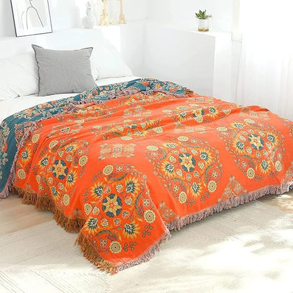 Boho Throw Blanket for Chair, 100% Cotton Woven Rustic Quilt with Tassel 50”x60”, Super Soft Muslin Blanket with Floral, Decorative Reversible Bed Blanket/Sofa Cover for All Seasons- Orange